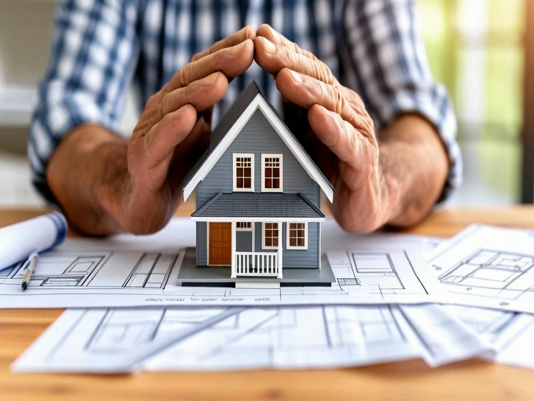 Hands making roof over house